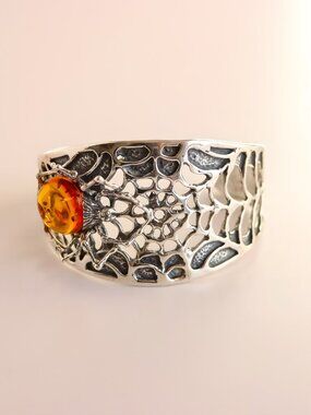 Baltic Amber Cuff Bracelet- Sterling Silver Spiderweb Design